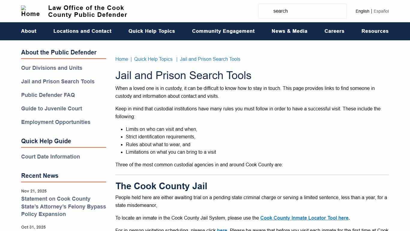 Jail and Prison Search Tools | Law Office of the Cook County Public Defender